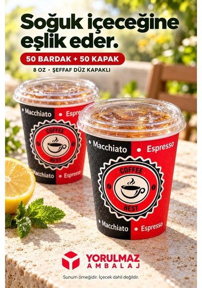 8 Oz Kapaklı Karton Bardak Soğuk İçecek Uyumlu Sızdırmaz Kağıt Bardak 50 Adet Renkli