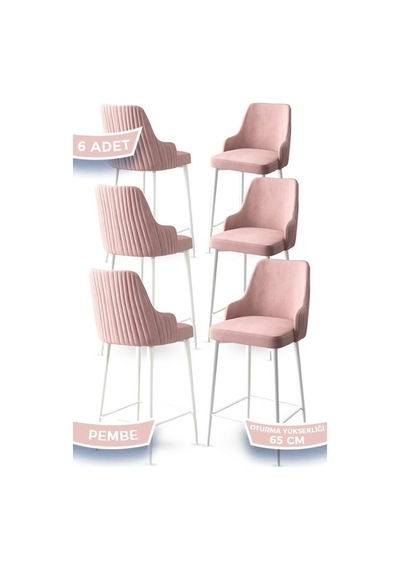 Canisa Tera Serisi 6 Pembe Sandalye 65 Cm Ada Mutfak Bar Sandalyesi Babyface Kumaş Beyaz Metal Ayaklı Sandalye Pembe Ayakları Beyazz