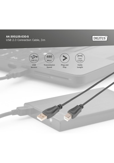 Assmann Ak-300105-030-s Usb 2.0 Bağlantı Kablosu, Tip A - B Erkek/erkek, 3, 0 M, Usb 2.0 Uyumlu Standart
