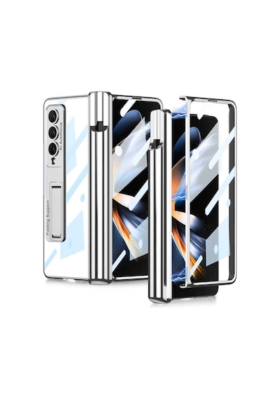 Samsung Uyumlu Galaxy Z Fold 4 Kılıf Zore Kıpta Standlı Kalem Bölmeli Kapak Gümüş