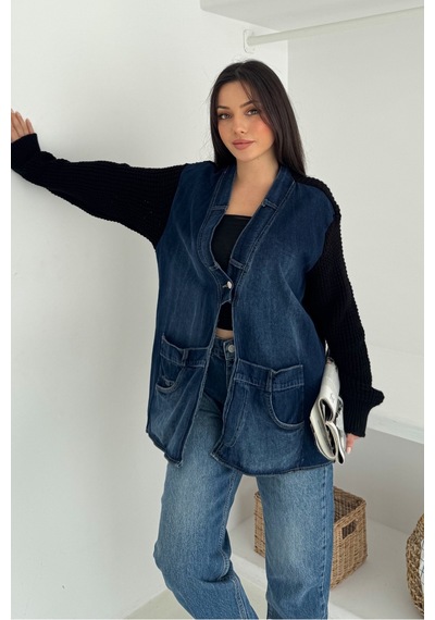 Femelle Siyah Kolları Ve Sırtı Triko Kot Denim Oversize Hırka Cepli Standart Beden
