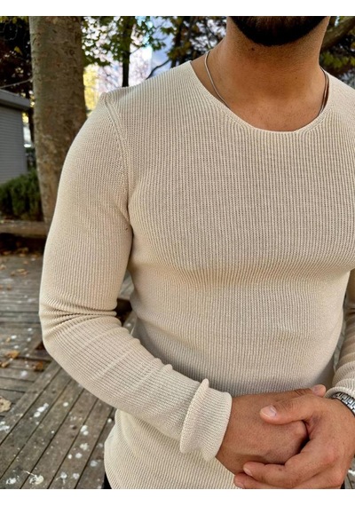 Elku Moda Kazak Örme Tüylenmez Naturel Pamuk Kazak Slim Fit Triko Dar Kesim Body Kazak Krem