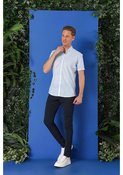 Efor Slim Fit Düğmeli Yaka Desenli Kısa Kol Pamuk Mavi Gömlek G 1503 Mavi