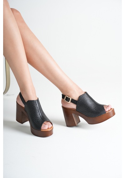 Analin Shoes Kadın Hakiki Deri Platform Topuklu Tokalı Sandalet Siyah