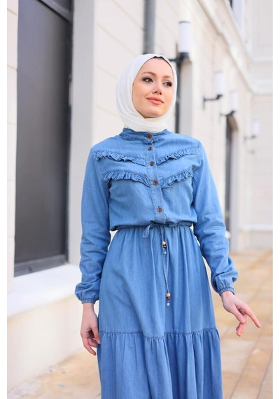 Harman Butik Kadın Fır Fırlı Denim Kot Elbise Açık Mavi