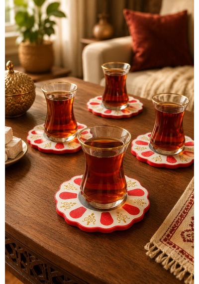 Geleneksel Türk Çay Tabağı Motifli 4 Lü Bardak Altlığı Seti Standlı - Dekoratif Bardak Altlığı - Kırmızı Set Diğer
