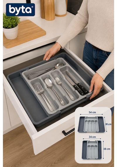 Genişletilebilir Çekmece İçi Kaşıklık Organizer 34x38 - 54x38 Cm Ayarlanabilir Bölmeli Kaşık Çatal Bıçak Düzenleyici Gri