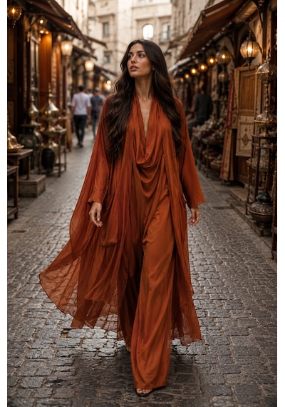 Bohem Stil Italyan Ipek Detaylı Oversize Kap Bluz- Wes Pantolon Takım Kiremit
