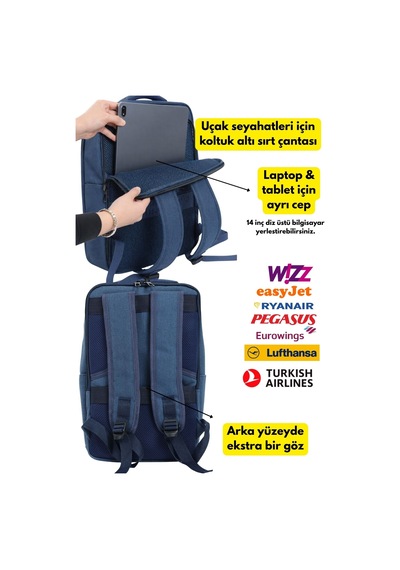 Jet Turtle Seyahat Sırt Çantası 40cm 40x25x15 Cm Pegasus, Wizz Air, Ryanair, El Valizi Koltuk Altı Valizi Mavi Kanvas