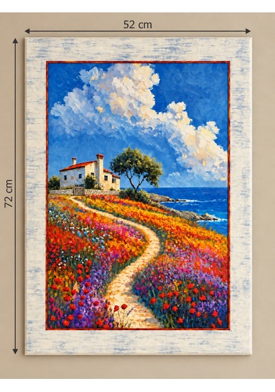 Ahşap Eskitme Çerçeve Desenli Deniz Manzaralı Dağ Evi Temalı Dekoratif Ahşap Tablo 52x72 Cm
