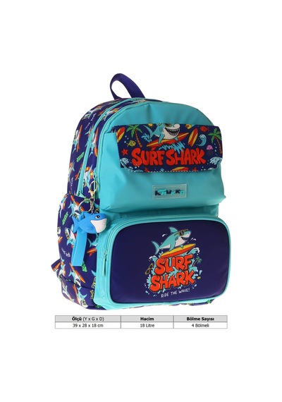 Kaukko Kids Erkek Çocuk Süpar Köpekbalığı Baskılı Okul Çantası - Yeşil - Lacivert - Surf - L5354 Çok Renkli