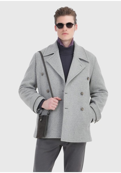 Ramsey Gri Slim Fit Kruvaze Yaka Örme Palto