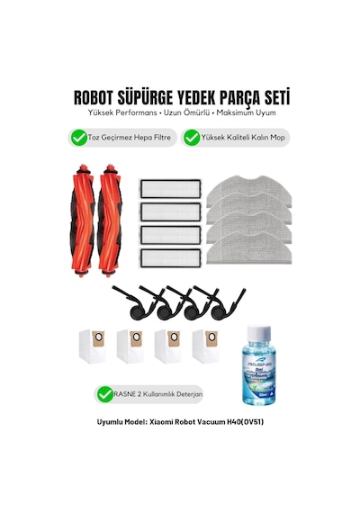 Robot Vacuum H40 Ov51 İle Uyumlu 2 Ana Fırça 4 Yan Fırça 4 Filtre 4 Mop 1 Deterjan 4 Toz Torbası 8.0