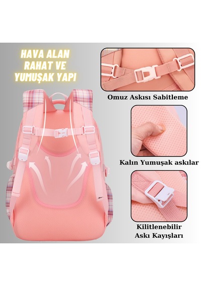 Kız Çocuk Okul Sırt Çantası Ergonomik Özel Tasarım Çok Bölmeli Geniş Kapasite Okul Çantası Pembe