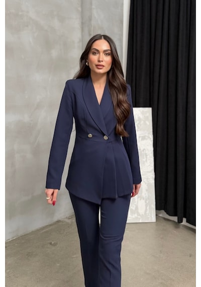 Msm Fashion Kadın İkili Blazer Ceket Pantolon Takım Pile Ve Düğme Detaylı Boru Paça Lacivert Msm Fashion Kadın İkili Blazer Ceket Pantolon Takım Pile Ve Düğme Detaylı Boru Paça Lacivert