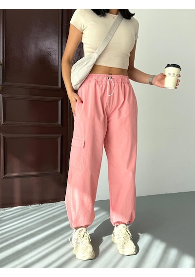Zeo Basic Paraşüt Kumaş Kargo Cepli Bel Ve Paça Lastikli Pantolon Pembe Pembe