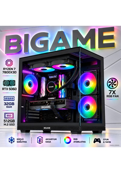 Bigame ELITE-V6 R7-7800X3D 32 GB 512 GB M2 SSD RTX5060 Free Dos Masaüstü Oyuncu Bilgisayarı