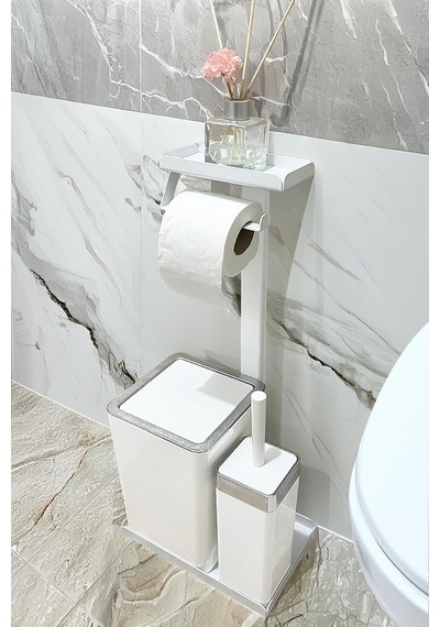 3'ü 1 Arada Banyo Seti Tuvalet Kağıtlık, Çöp Kovası Ve Tuvalet Fırça Takımı Gold Siyah