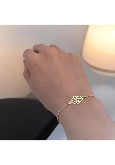 P Harfine Özel Hamsa Motifli 14 Ayar Altın Plakalı Zincirli Hediye Bileklik-497harf P