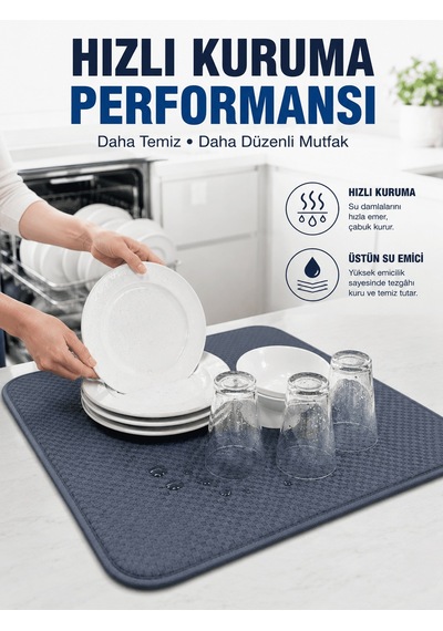 Bulaşık Kurutma Matı Geniş Yüzeyli Mikrofiber Tezgâh Koruyucu Kurutma Matı Tekli