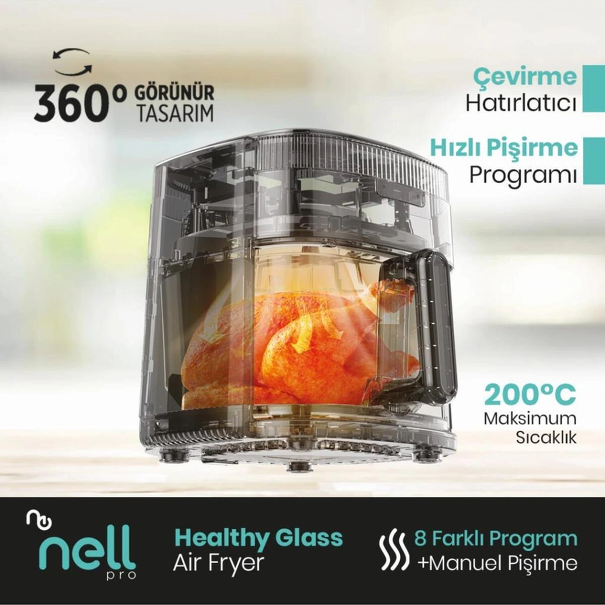 Nell Healthy Glass Cam Air Fryer 4,5 Lt Ep9930