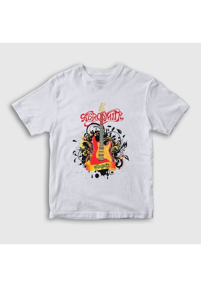 Presmono Unisex Çocuk Gitar Aerosmith T-shirt Beyaz