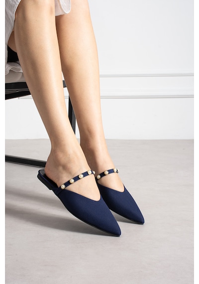 Lorenn Shoes Pearl Lacivert Mat Saten İnci Detaylı Kadın Terlik