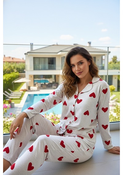 Remsa Kadın Kalp Desen Önü Düğmeli Suprem Pijama Takımı 0614 Bej02