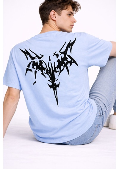 Nevermind Oversize Erkek Tişört Arkası Baskılı Streetwear Siyah Grafik Back Mavi