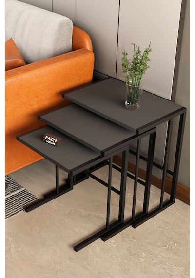 C Zigon Sehpa 3'lü Modern Metal Yan Sehpa, Laptop Masası Ve Koltuk Yanı Kahve Sehpası Antrasit