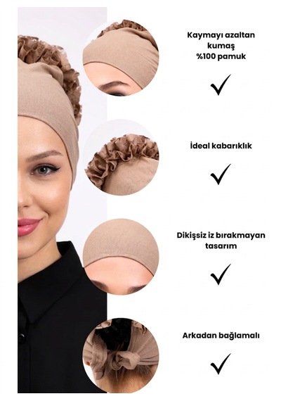Alivascarf Fırfırlı Dikişsiz Penye Bone - Kadın Tesettür Bağlamalı Topuz İç Bone Vizon