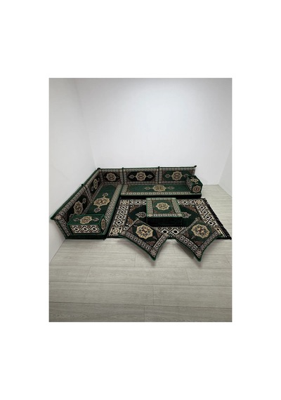 Güneş Modeli Yeşil Otantik Şark Köşesi Takımı L Set - Geleneksel Yer Minderi Seti 10 Cm Minder Kalınlığı 13 Parça