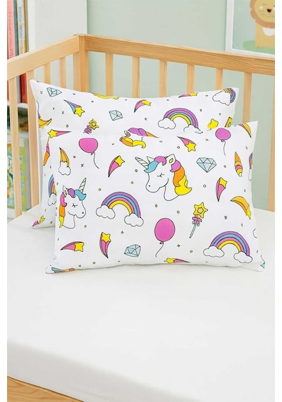 Bebek Özel%100 Pamuklu Bebek Çocuk Yastık Kılıfı 35x45 Cm, Beyaz Unicorn Pembe Desenli, 2 Adet Çok Renkli