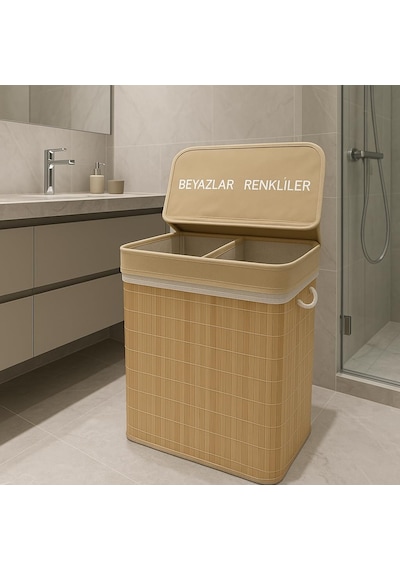 Modern Bambu Beyazlar/renkliler Ayrı Bölmeli Çamaşır Kirli Sepeti 52x32x60cm 100 Litre Büyük Bo Sarı