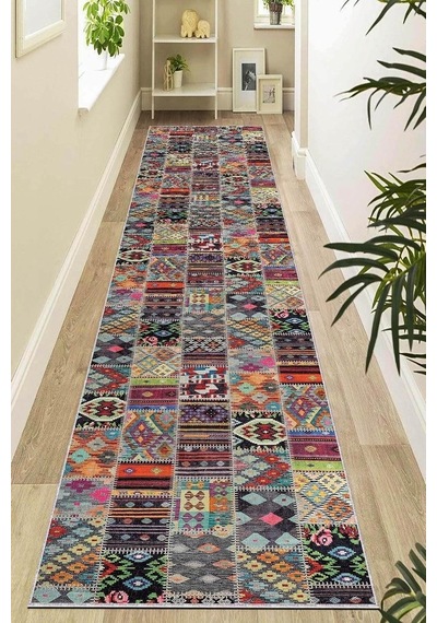 Makinede Yıkanabilir Kaymaz Tabanlı Patchwork Rulo Yolluk Halı Ar980, Çok Renkli, 100 X 350