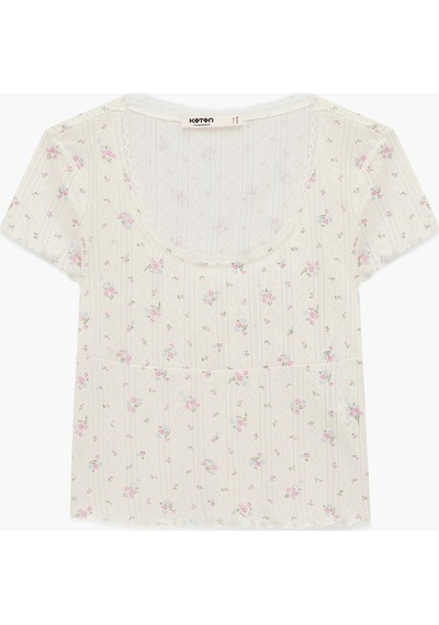 Koton Pamuklu Yuvarlak Yaka Kısa Kollu Çiçek Desenli Pijama Üstü Ekru Desenli 6slk40180mk