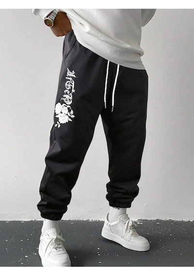 Floral & Letter Graphic Drawstring Waist Eşofman Altı Siyah