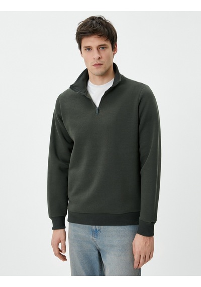 Koton Yarım Fermuarlı Sweatshirt Basic Dik Yaka Ribanalı Uzun Kollu Haki 4sam70002mk Haki