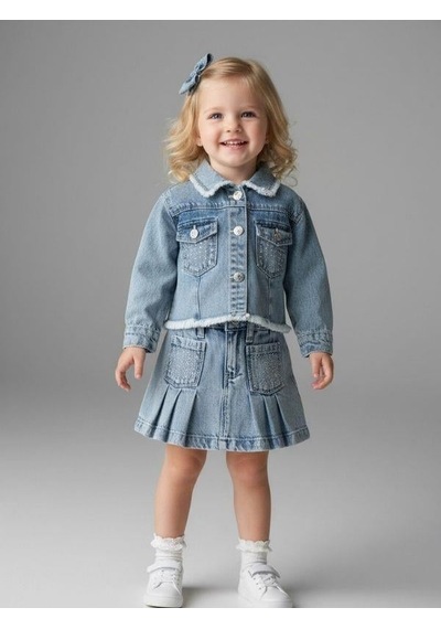Zekids Kız Bebek Taşlı Cepli Pileli Jean Etek-16879 Mavi