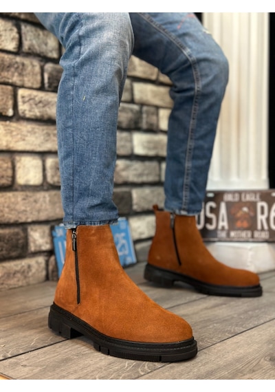 Boa Ba0315 İçi Dışı Hakiki Deri Süet Taba Çift Fermuarlı Erkek Yarım Bilek Bot Taba