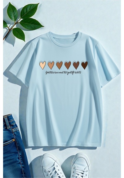 Uyguntarz Unisex Hearts Baskılı Tasarım Tshirt Bebe Mavisi