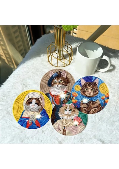 Sanatsal Kedi Temalı Dıy Elmas Boyama Bardak Altlığı Seti 124-Pembe