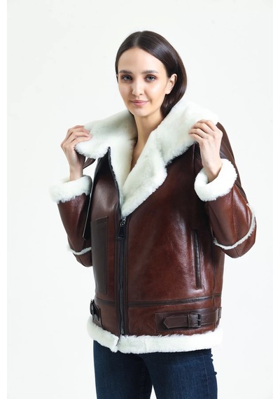 M M Marki Marki Kadın Kahverengi Vintage Deri Mont, Beyaz Kürklü, Balıkçı Yaka, Oversize, Şık Ve Sıcak - 105222