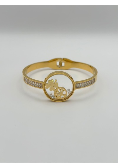 Arnes Jewelry Çelik Camı Açılmayan Zirkon Taşlı Yaşam Ağaçlı Yoncalı Kelepçe Ar404nes Gold