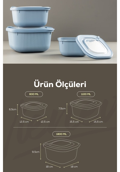 Vienev Mikrodalga Ve Difrize Uygun Vip Kapaklı Özel Saklama Kabı Seti Mavi 3'lü Mavi