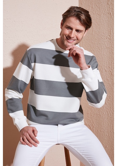 Buratti Pamuklu Çizgili Regular Fit Bisiklet Yaka Erkek Sweat 5905790 Açık Haki