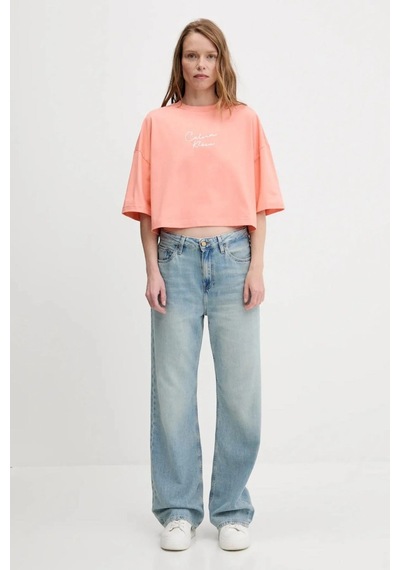 Cropped Boxy Chain Stitch Logo Turuncu Kadın T-shirt-8680 Turuncu