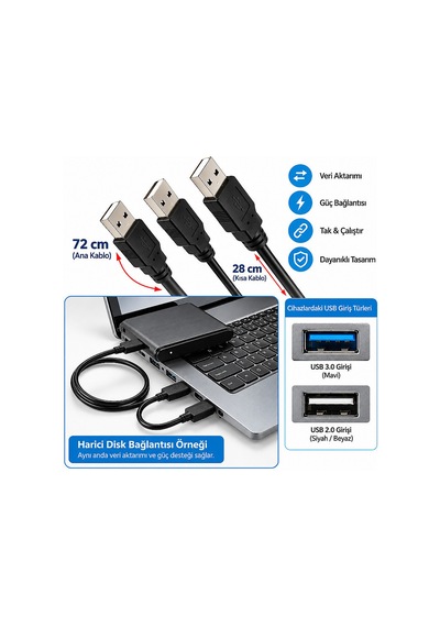 Harici Disk Hdd Harddisk Usb Y Kablo 3 Uçlu Veri Bağlantı