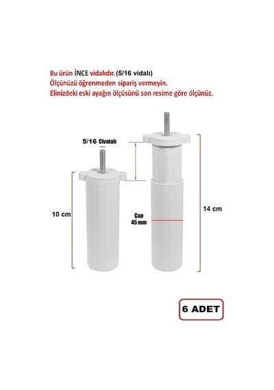 Zeygen Mobilya Koltuk Kanepe Destek Ayağı 6 Adet Beyaz 10Cm 5/16 Vida
