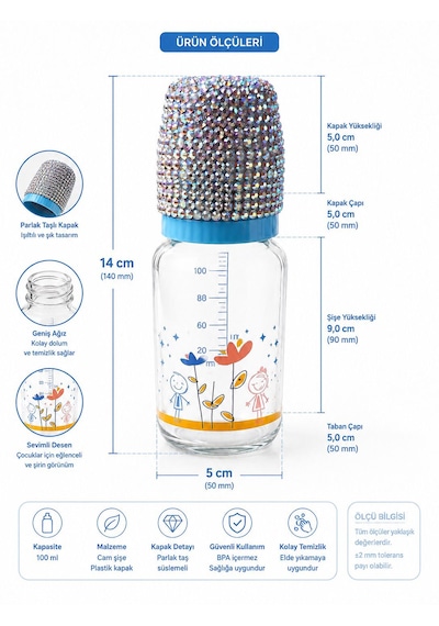 5'li Cam Biberon Seti - Özel Taş Süslemeli Dizayn - 250 Ml Biberon-125ml Biberon - Emzik - Emzik Askısı - Emzik Kutusu - Özel Kutulu - Bebek Hediyelik - Plastik ve Cam Set